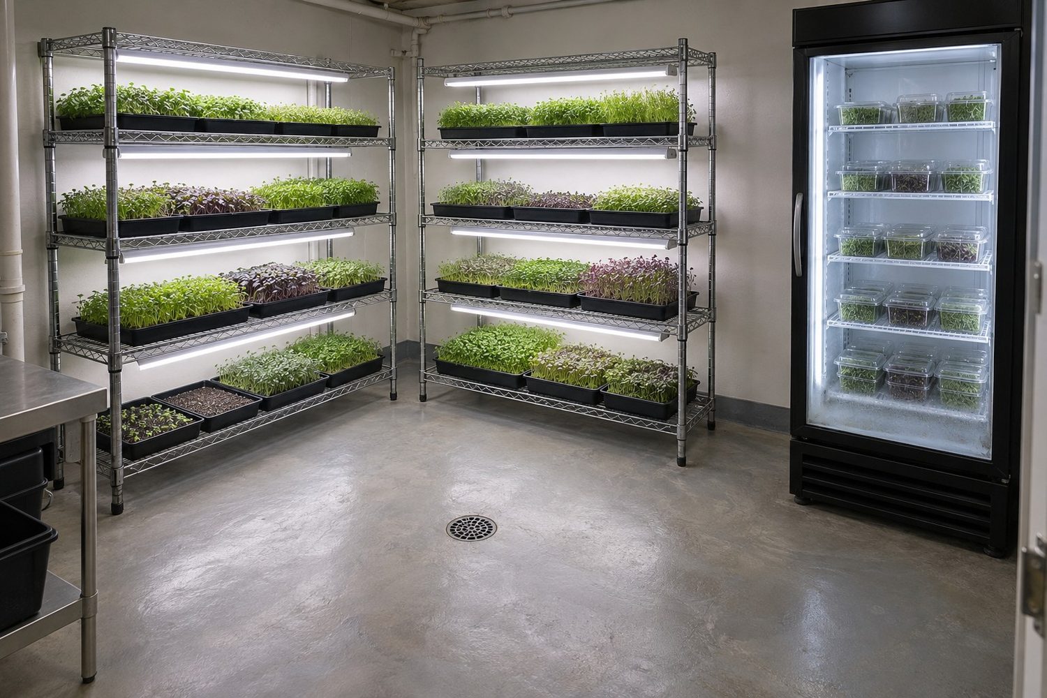 Clean basement grow room with a sealed gray concrete floor and floor drain, wire racks of microgreen trays under bright LED lights, and a glass door refrigerator holding closed clamshells of microgreens