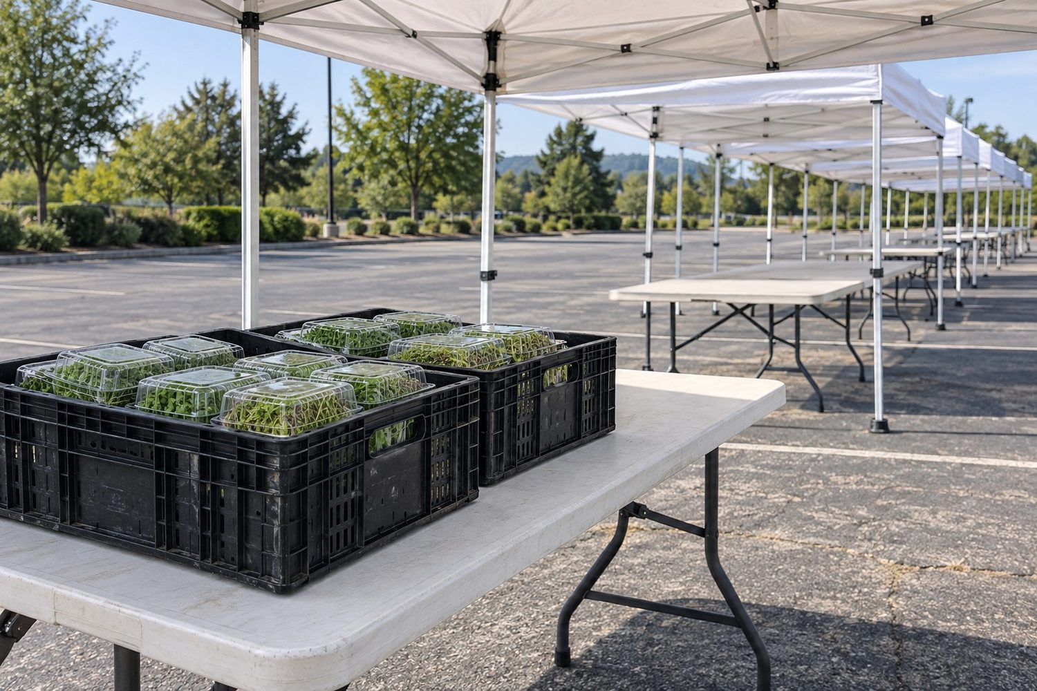 Row of plain white market canopies over empty folding tables on a sunny paved lot, the nearest table holding plastic crates of closed clear clamshells of microgreens