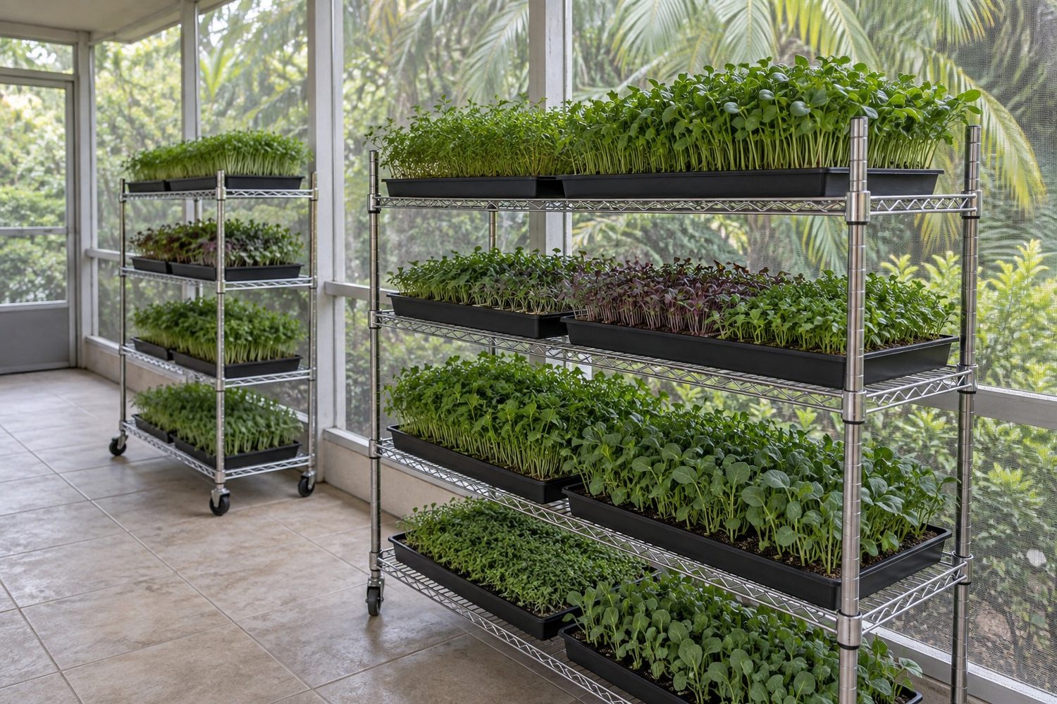 Wire shelving racks of black trays of green microgreens standing inside a clean screened porch in bright shade, with palm fronds visible through the screen