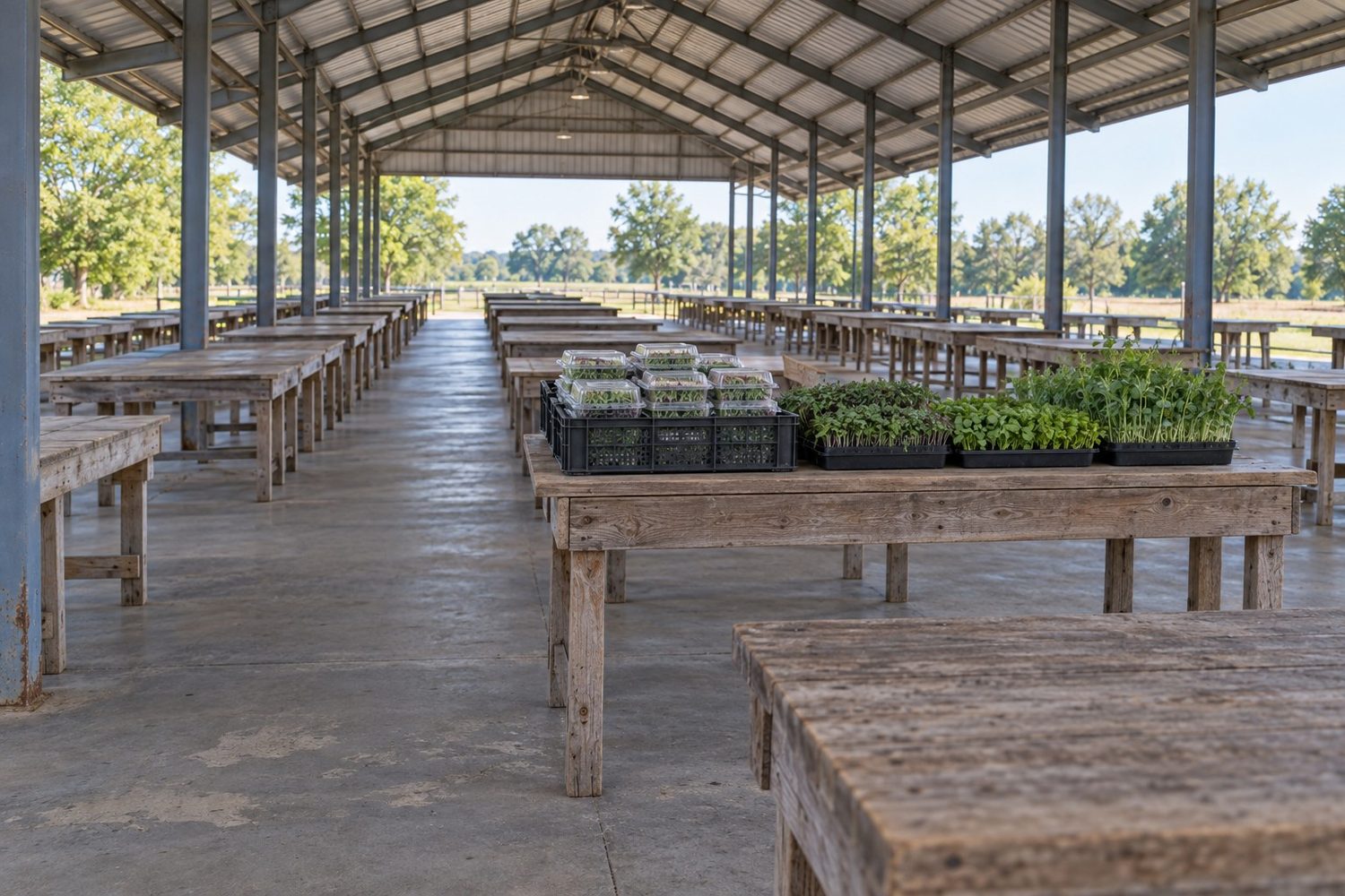 Long open sided farmers market shed with a concrete floor and rows of empty wooden vendor tables, one table holding crates of clear clamshells of microgreens and small living trays