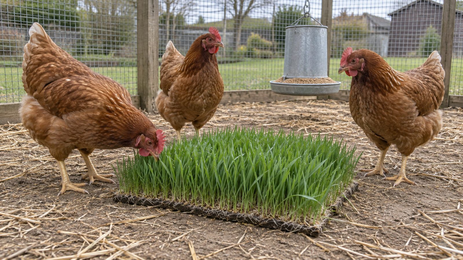 Three brown laying hens standing around a mat of green barley fodder on the ground of a dry chicken run beside a hanging feeder of layer pellets