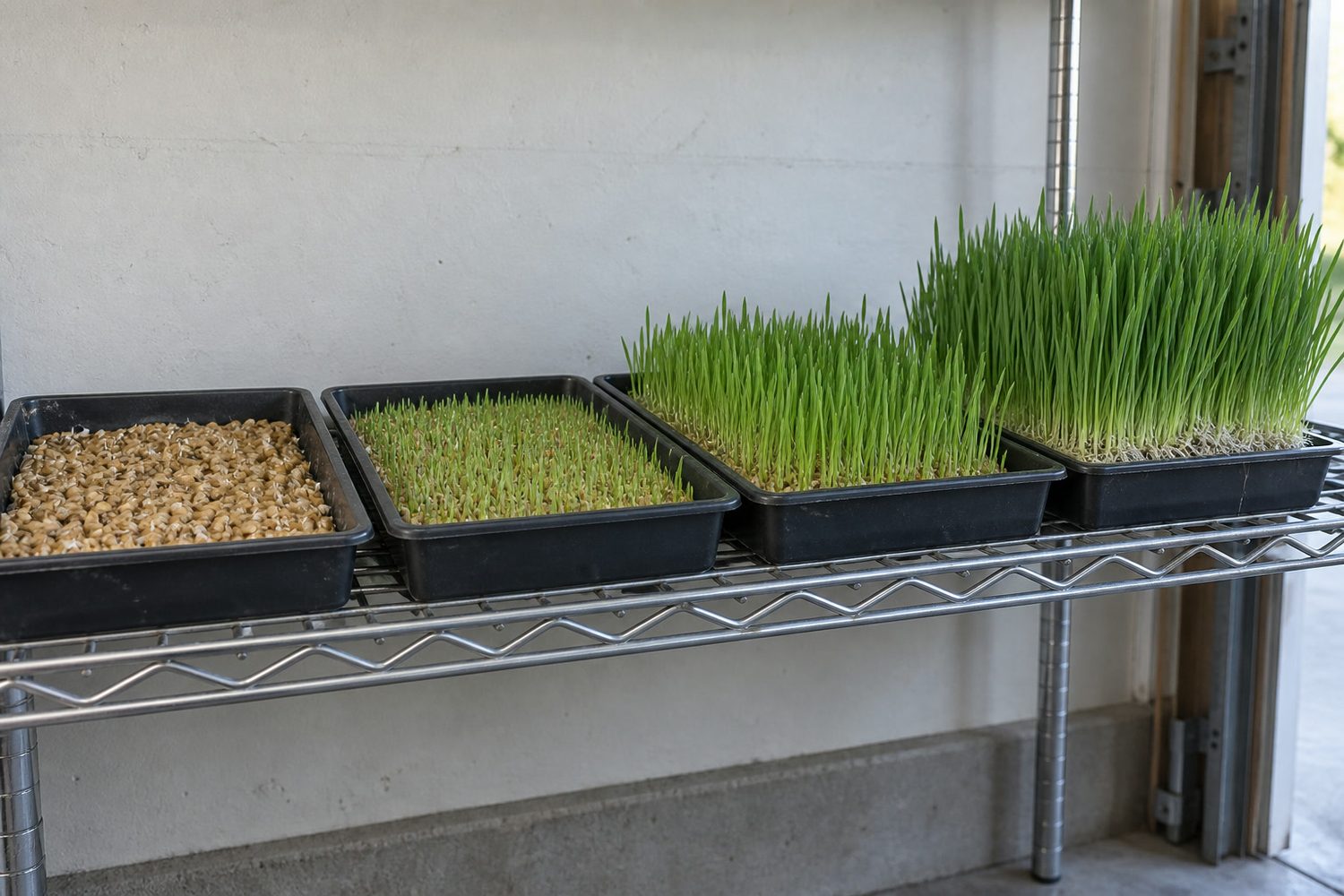 Four trays of barley fodder on a wire shelf in a garage, ranging from freshly sprouted seed to a dense green mat about four inches tall