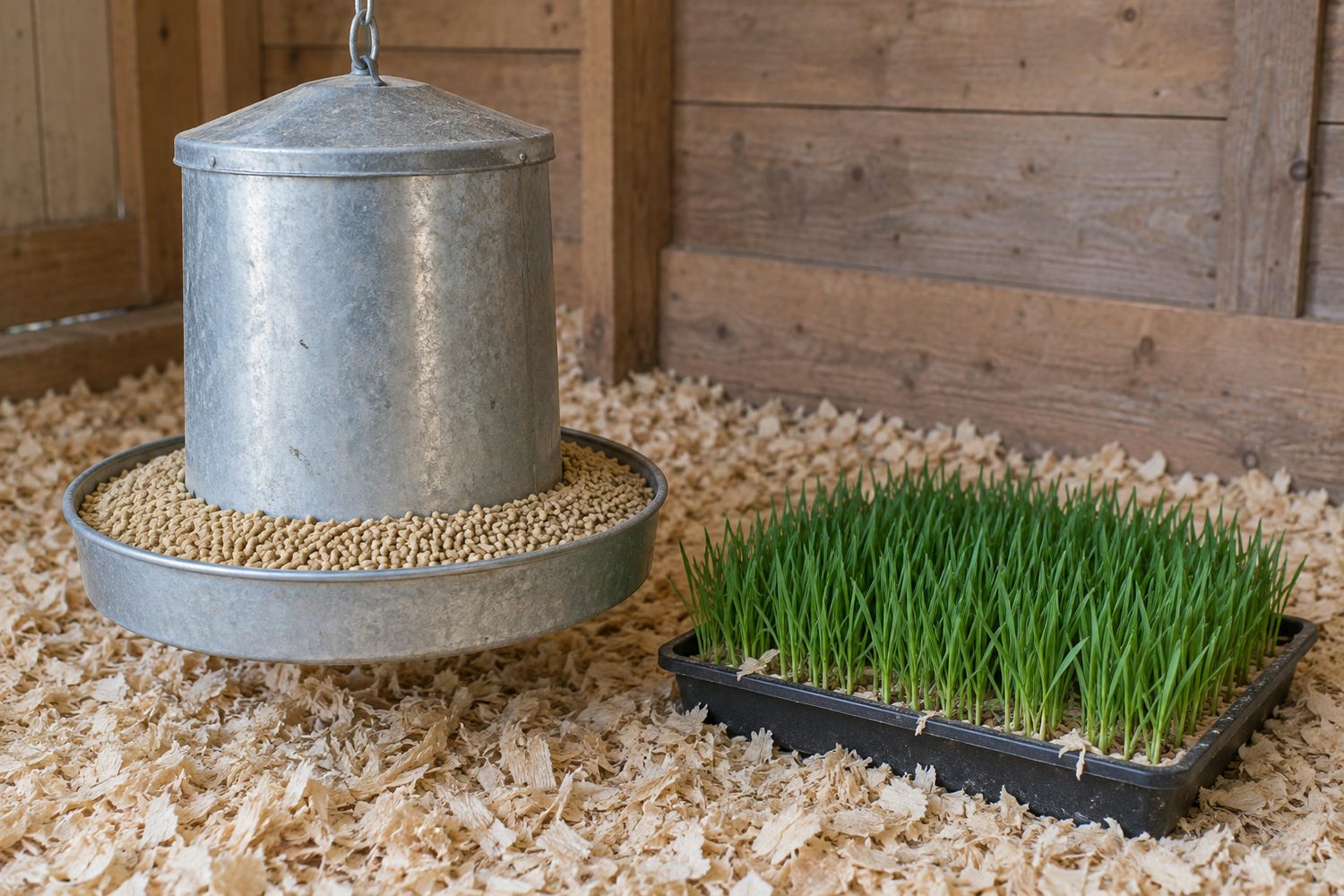 Galvanized hanging feeder full of layer pellets inside a clean chicken coop, beside a shallow tray of short green wheat grass on the floor