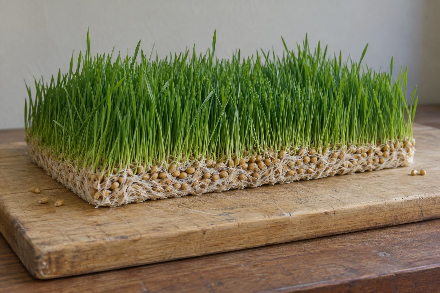 Whole rectangular mat of barley fodder resting on a wooden board, green blades on top and a thick woven layer of white roots and seed underneath