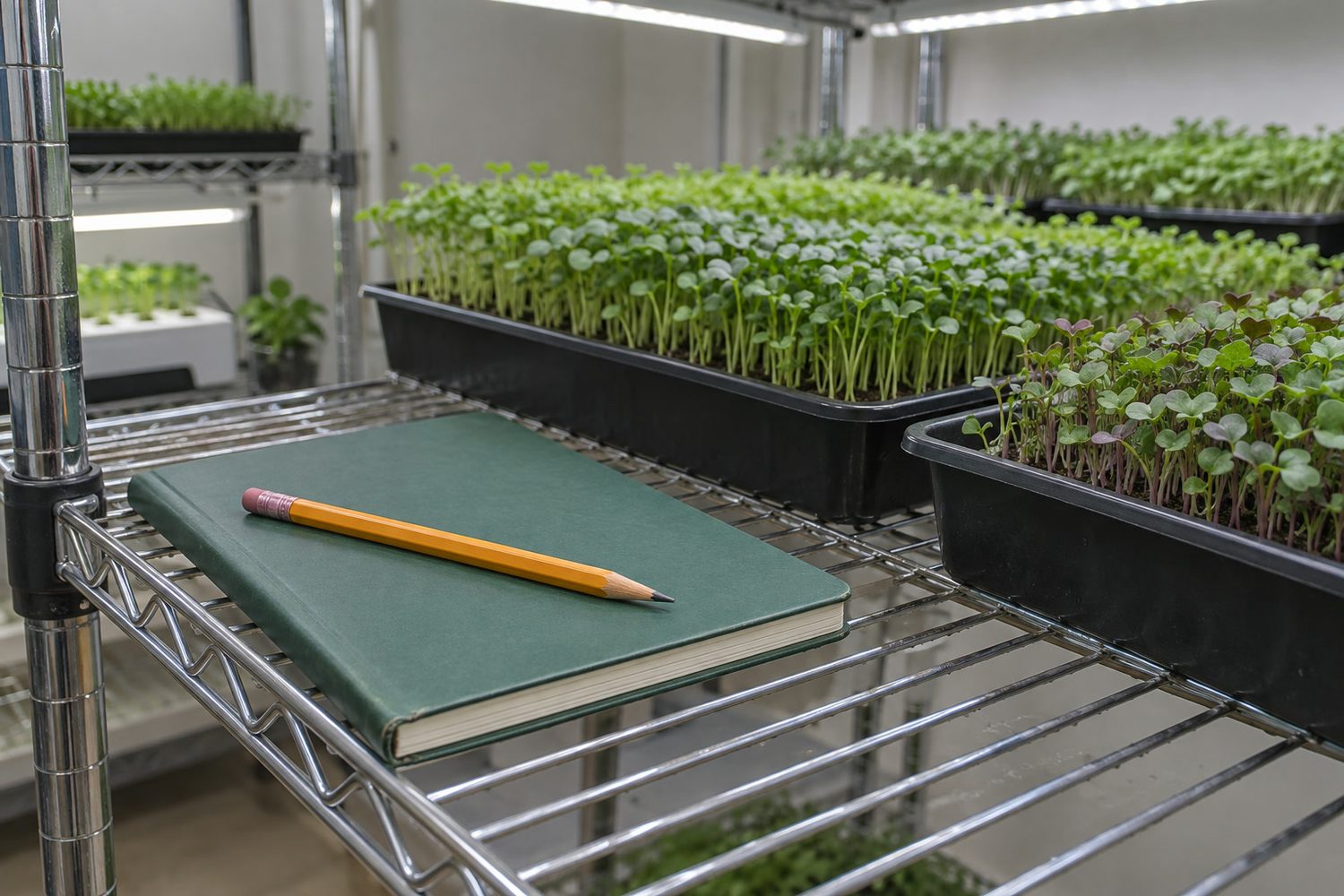 Closed plain notebook with a pencil on top lying at the end of a wire grow shelf beside black trays of green microgreens under LED light