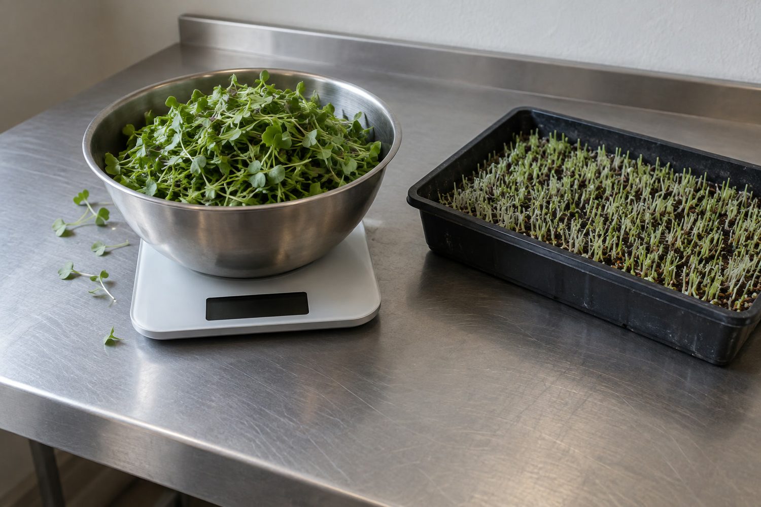 Stainless steel bowl of cut green microgreens on a flat digital kitchen scale with a dark display, beside a black tray of cut stubble on a stainless table