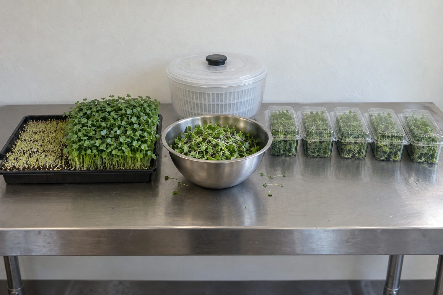 Stainless packing table with a black tray cut to short stems on one half, a bowl of cut microgreens, a salad spinner and a row of filled clear clamshells