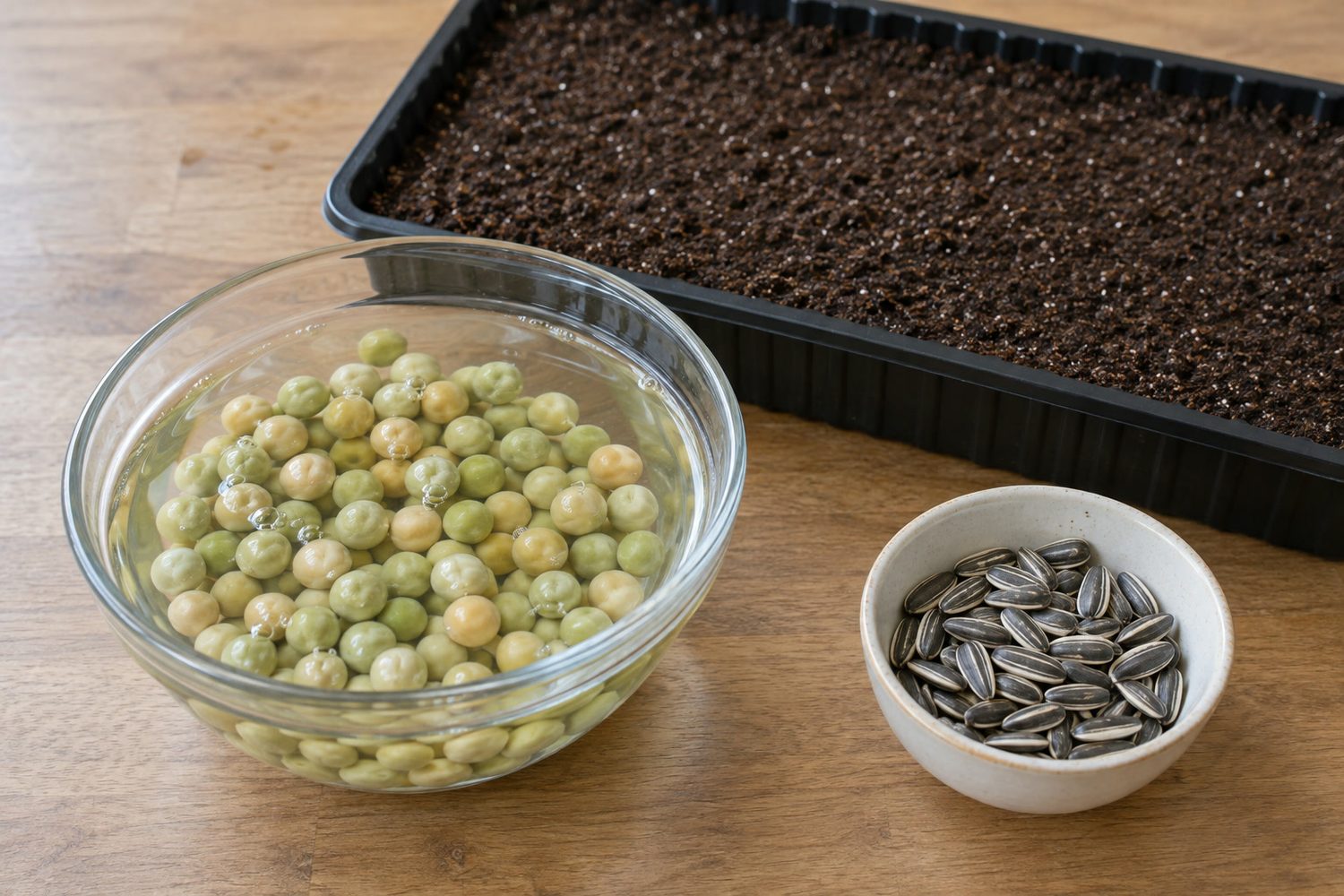 Clear glass bowl of plump pea seeds soaking in water beside a black tray of level moist growing mix and a small open container of striped sunflower seeds