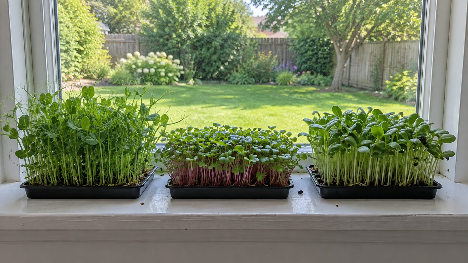 Wide windowsill with a plain white window frame holding three shallow trays of pea shoots, radish and sunflower microgreens, a green backyard visible through the glass
