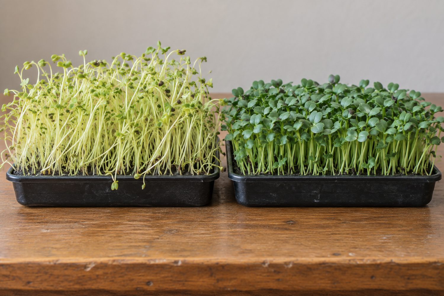 Two trays of broccoli microgreens side by side on a table, one tall, thin, pale and floppy, the other short, sturdy and dark green