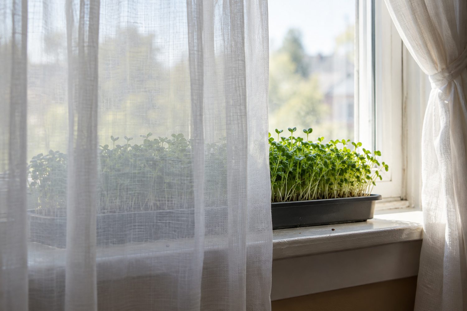 Tray of green microgreens on a windowsill behind a sheer white curtain, the curtain drawn partly aside at one end