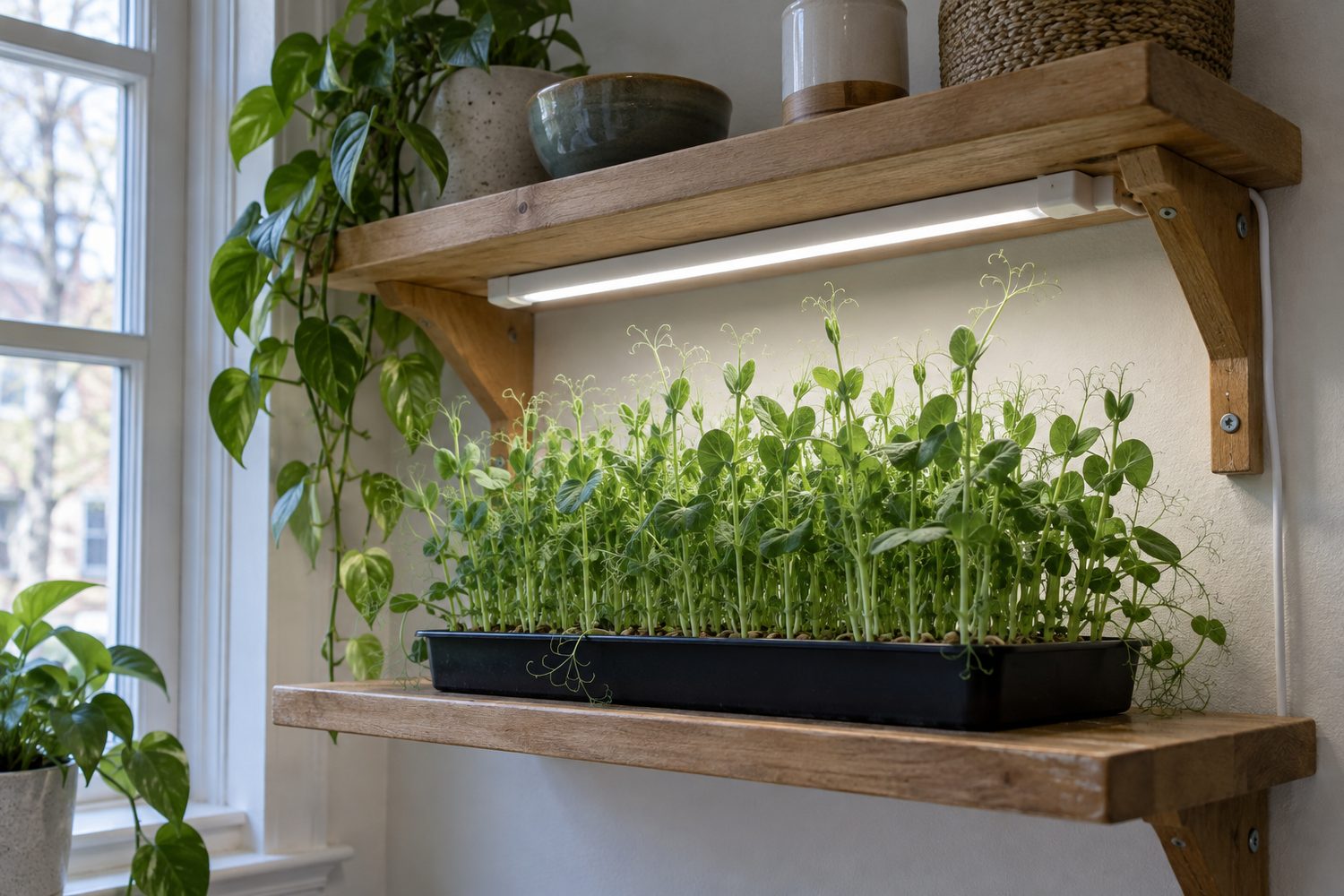 Tray of pea shoots on a small wooden shelf beside a window, lit from above by a slim LED light bar mounted under the shelf above