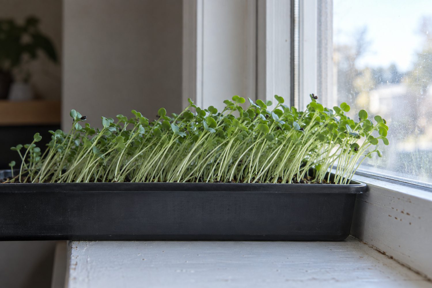 Shallow tray of young broccoli microgreens on a windowsill seen from the side, every stem leaning toward the window glass