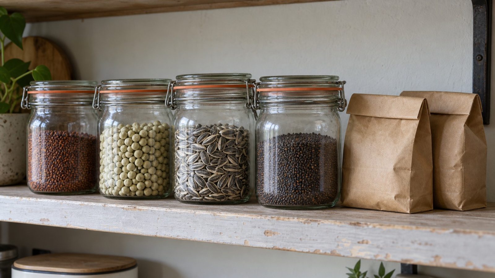 Row of lidded glass canning jars filled with radish, pea, sunflower and broccoli seed on a pantry shelf beside two folded plain kraft seed bags
