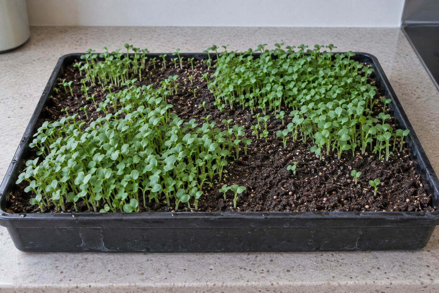Tray of young broccoli microgreens with dense green patches beside bare patches of dark growing mix and a few shorter late seedlings
