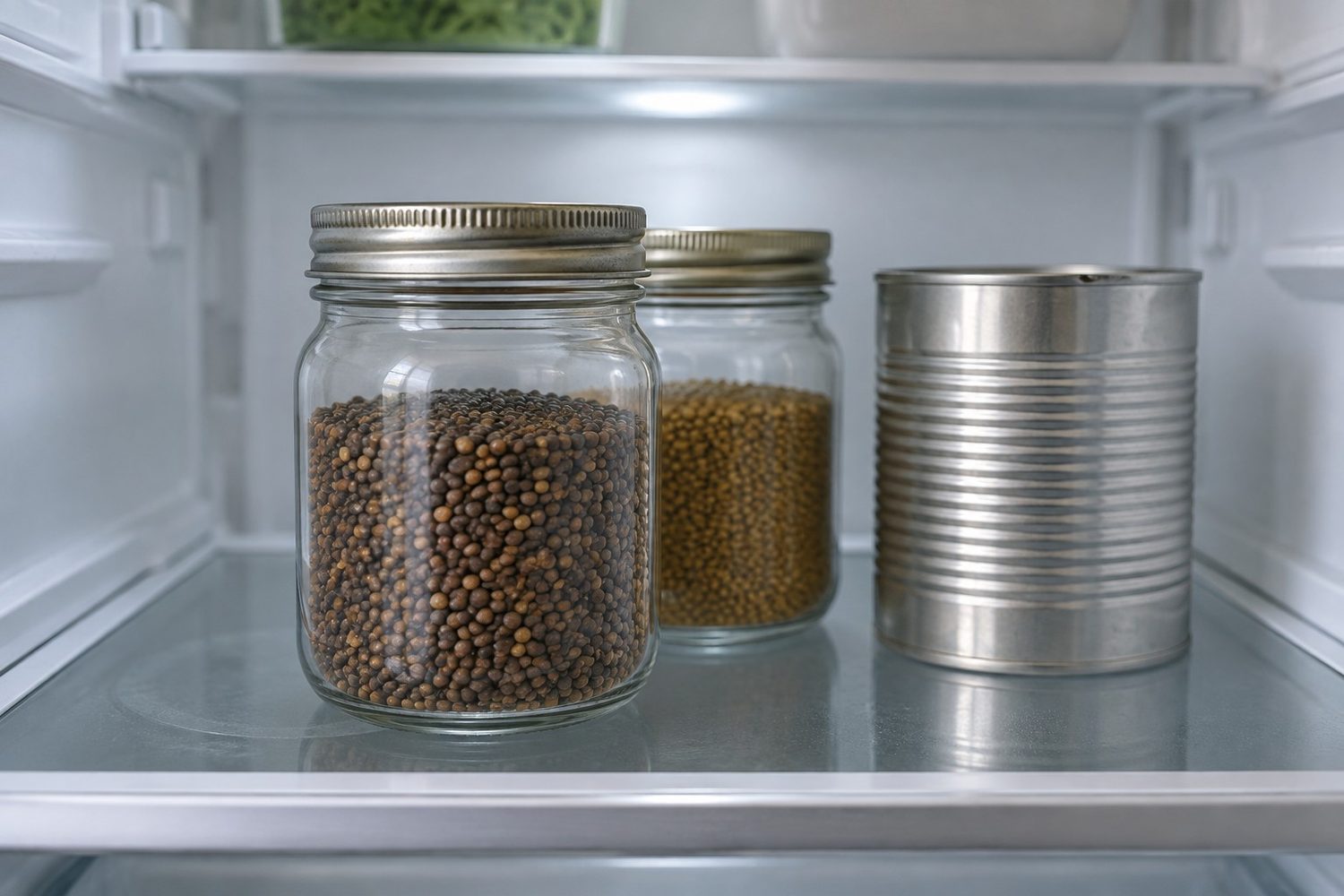 Two tightly lidded glass jars of microgreen seed and a sealed metal can standing on a refrigerator shelf, the seed dry and loose inside