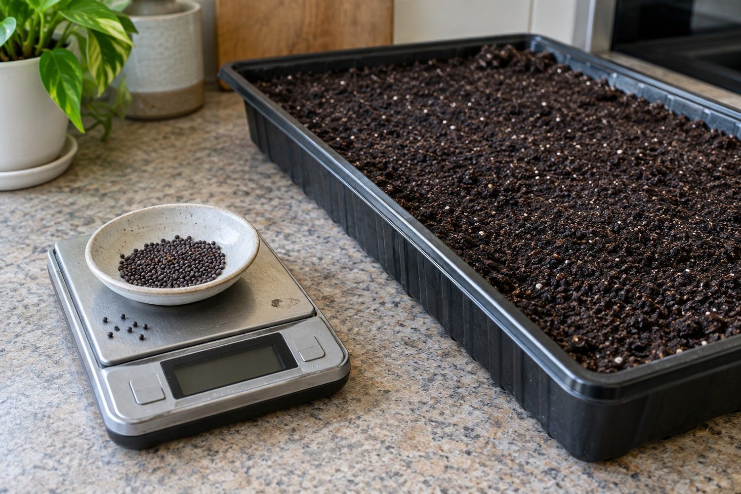 Small dish of broccoli seed on a compact pocket scale with a blank display, next to a tray of level moist growing mix ready for sowing