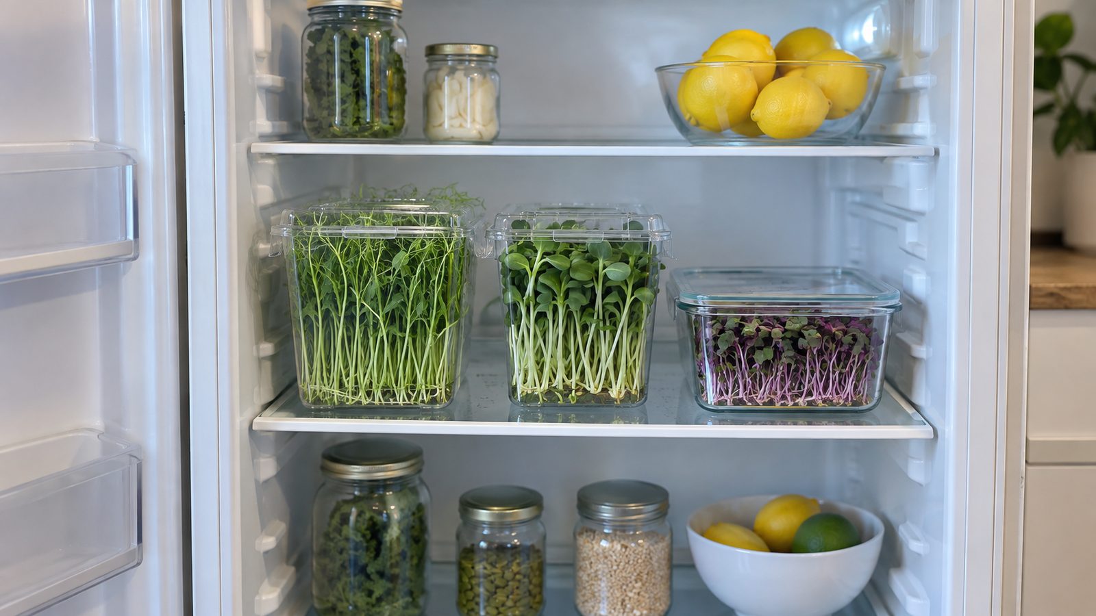 Open door of a clean home refrigerator showing a middle shelf with closed clear clamshells of pea shoots and sunflower microgreens beside a lidded glass container of radish microgreens