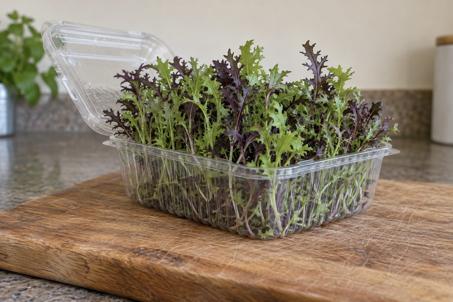 Open clear clamshell filled with crisp upright frilly green and purple mustard microgreens resting on a wooden cutting board in a kitchen