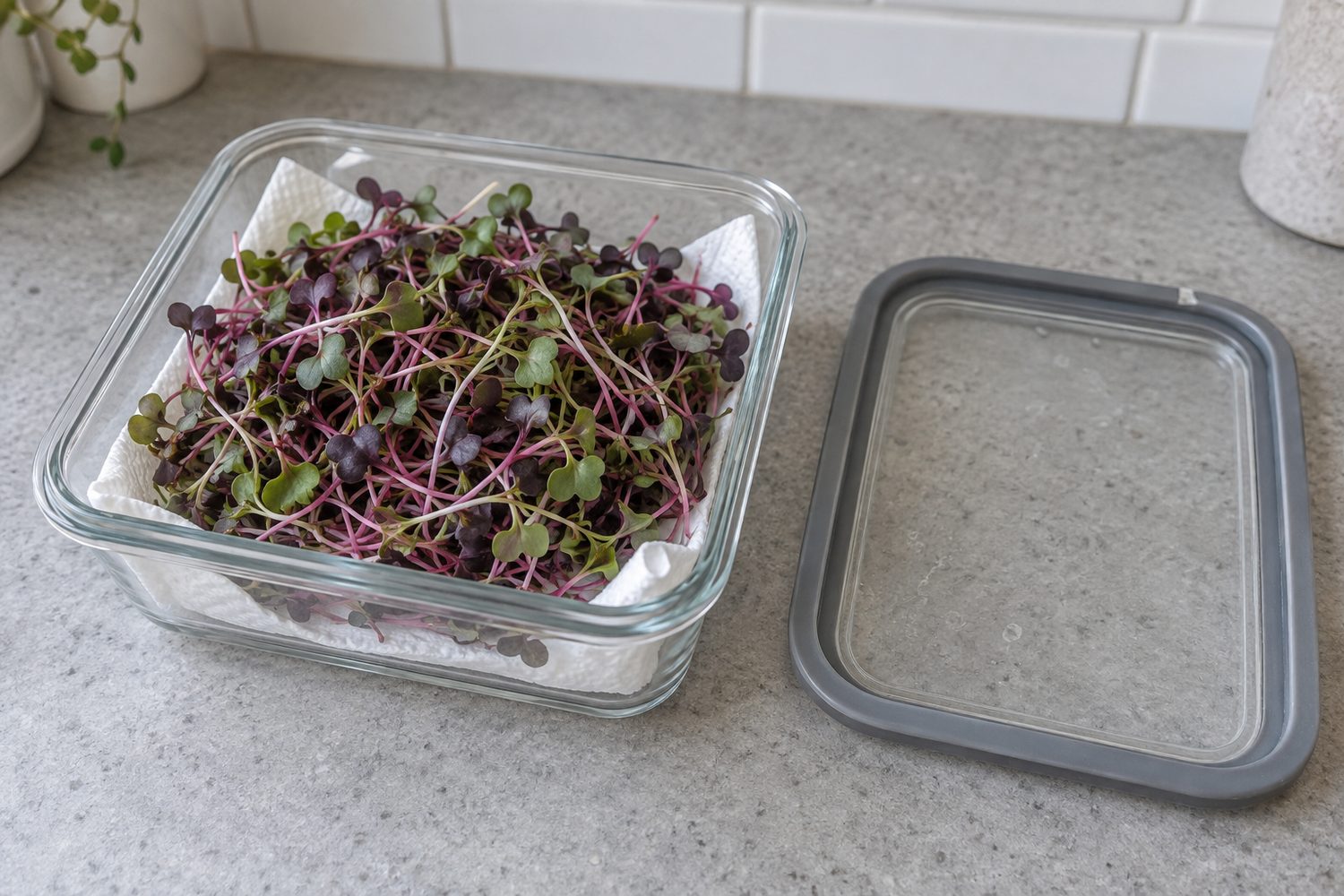Freshly cut radish microgreens with purple and green leaves and pink stems loosely packed in a lidded glass storage container lined with a folded paper towel on a kitchen counter
