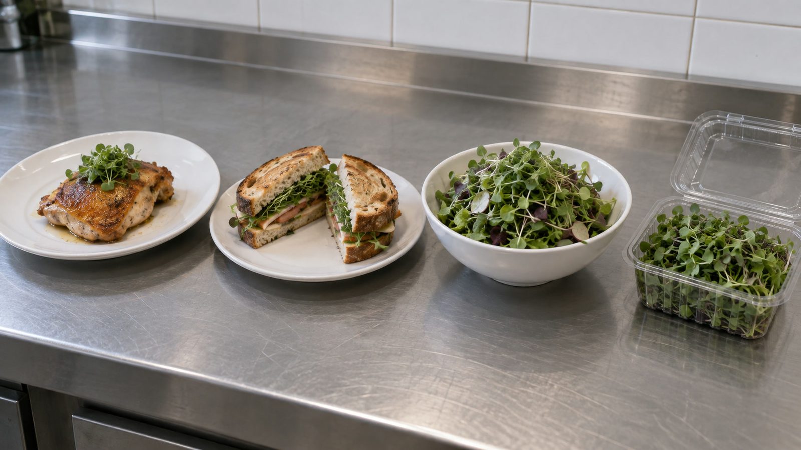 Three finished dishes in a row on a stainless prep counter, a plate with a small microgreen garnish, a sandwich layered with microgreens and a salad heaped with microgreens, beside an open clear clamshell of microgreens