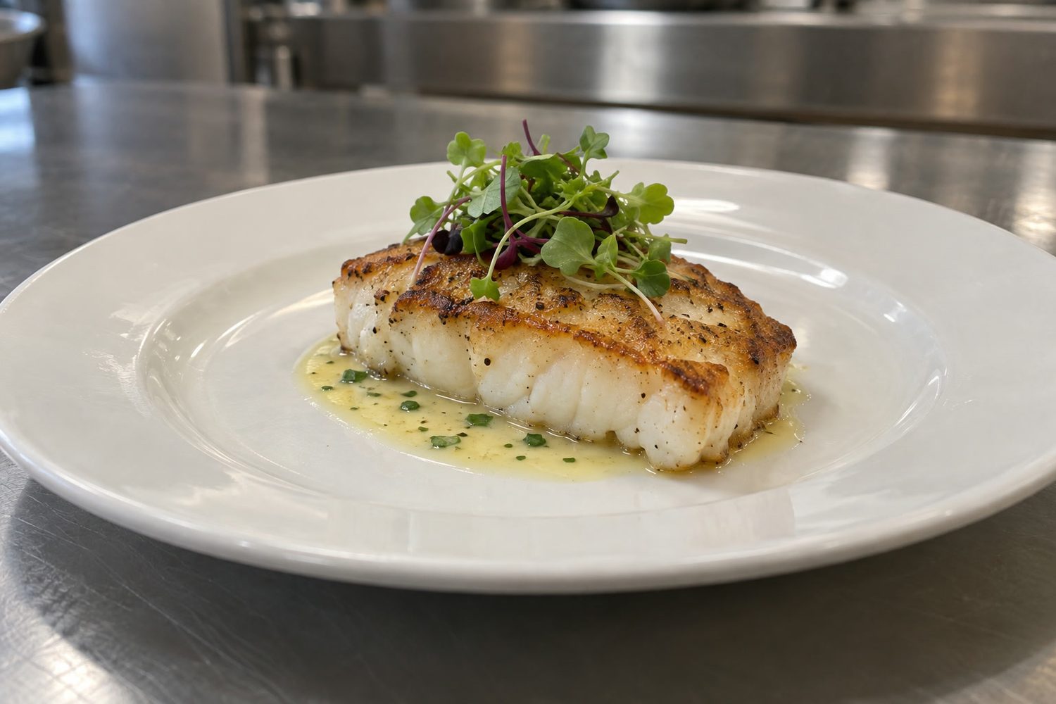 Close view of a seared fish fillet on a white plate topped with a small neat cluster of microgreens, resting on a stainless pass counter