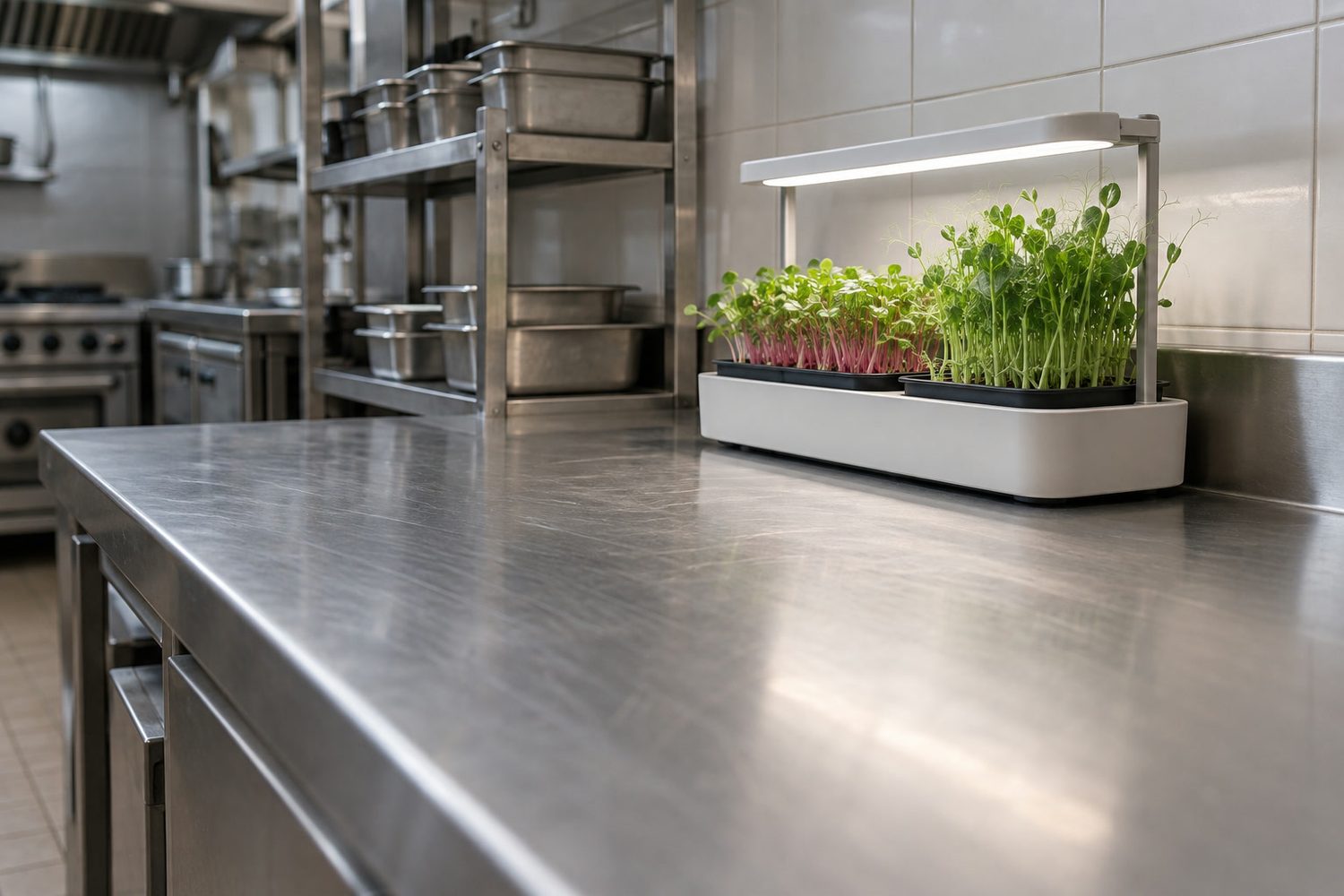 A compact indoor growing unit with a slim overhead light holding shallow trays of living radish and pea microgreens at the end of a stainless kitchen counter