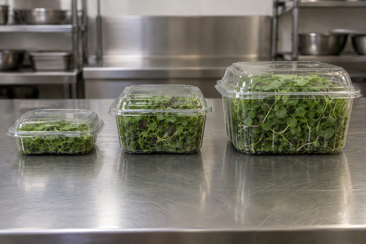 Three closed clear plastic clamshells of green microgreens in small, medium and large sizes standing in a row on a stainless steel counter