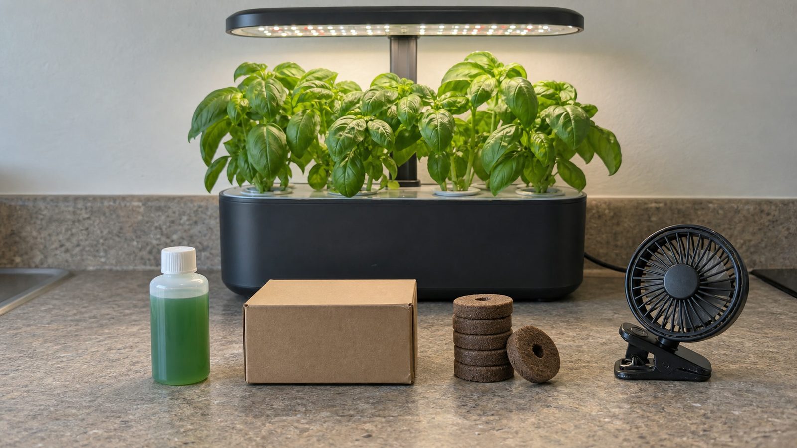 Countertop hydroponic garden growing basil with a plain bottle of plant food, a plain box of seed pods, a stack of grow sponges and a small clip fan lined up in front of it on a kitchen counter