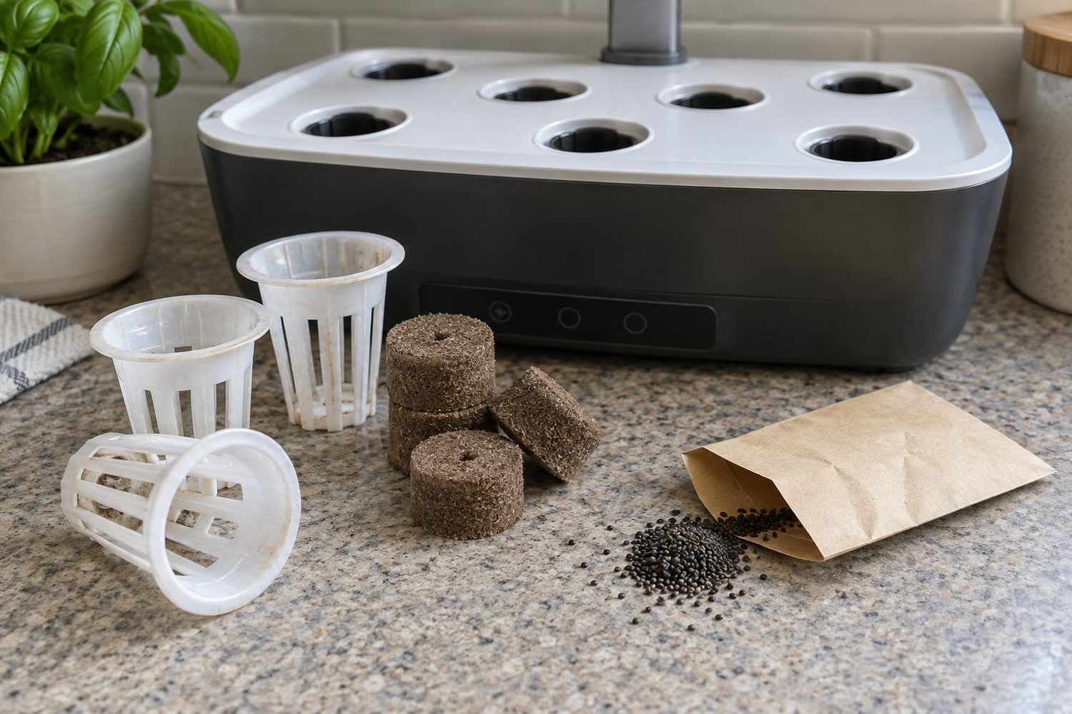 Empty plastic grow baskets, round brown grow sponges and a small open plain paper seed envelope with tiny black basil seeds beside the empty grow deck of a countertop garden