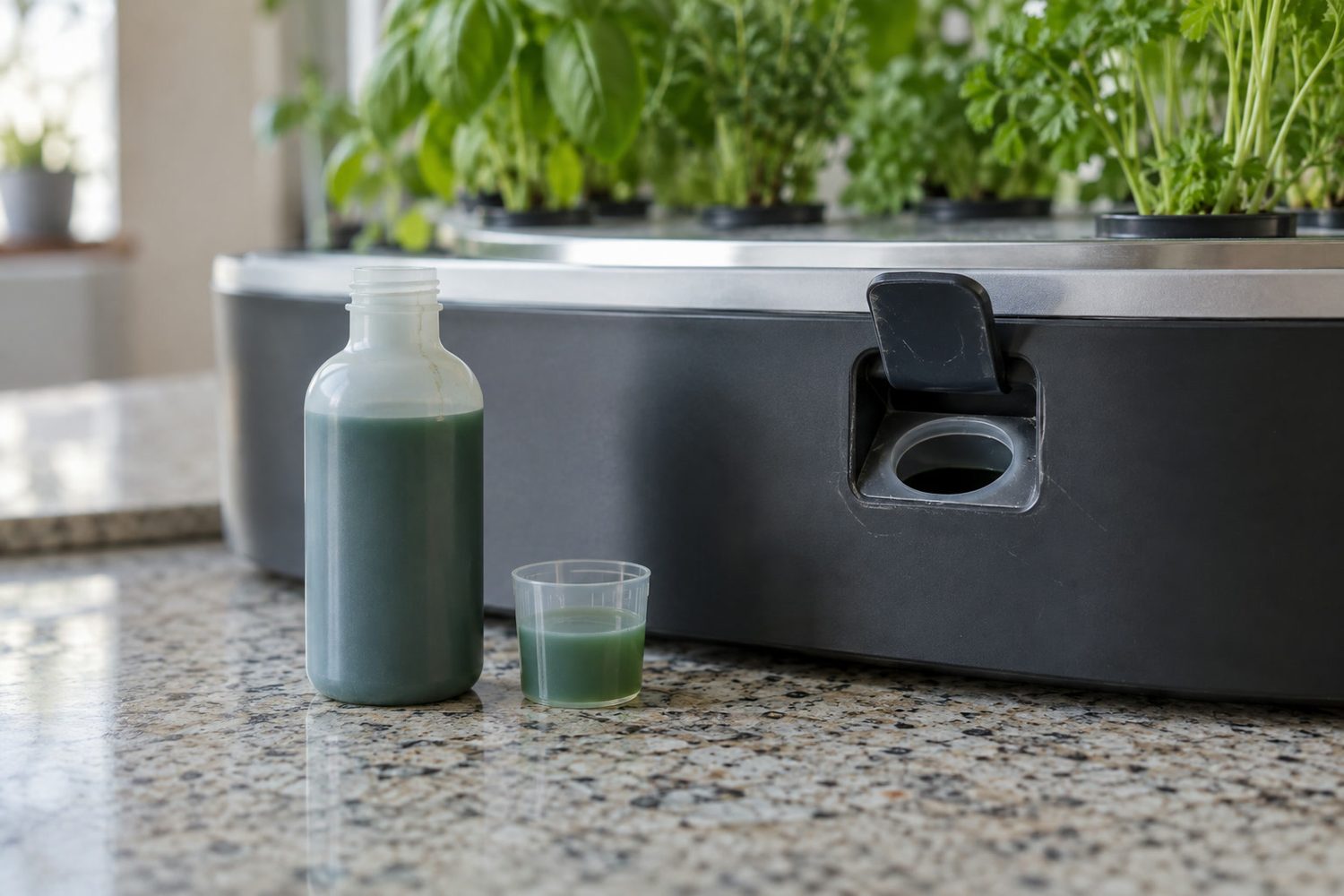 Small plain bottle of liquid plant food and its measuring cap beside the open water fill port of a countertop hydroponic garden, herbs soft in the background