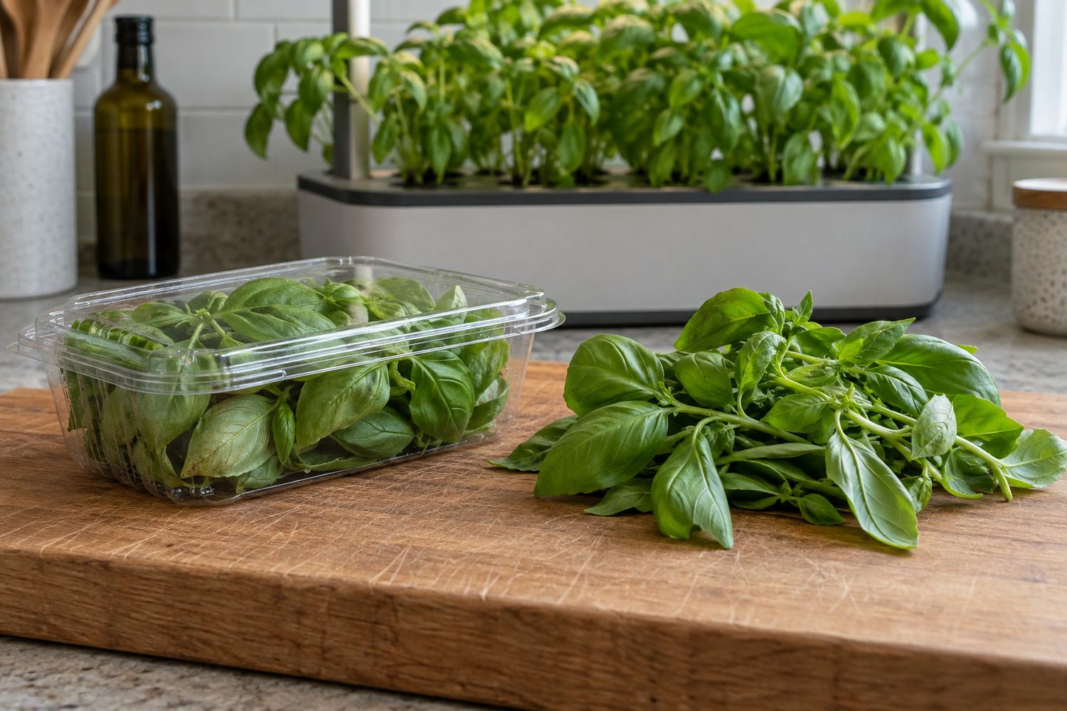 Small clear plastic clamshell of store-bought basil with no label beside a loose pile of freshly cut basil sprigs on a wooden cutting board, a basil-filled countertop garden blurred behind