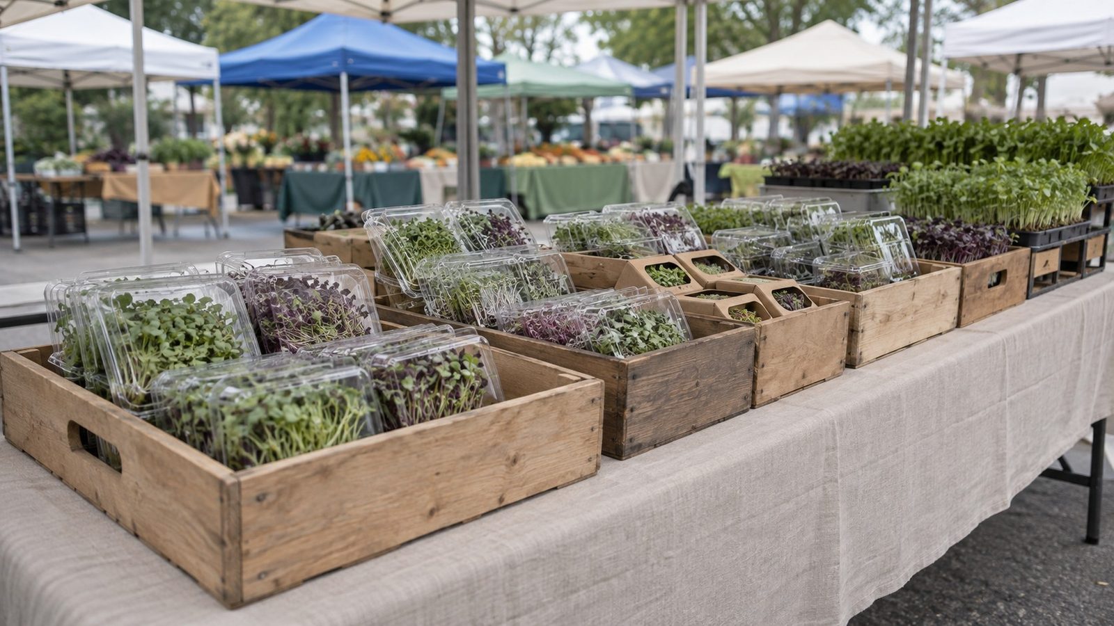 Farmers market stall under a plain canopy with clear clamshells and small kraft boxes of microgreens in wooden crates and a few live trays at one end