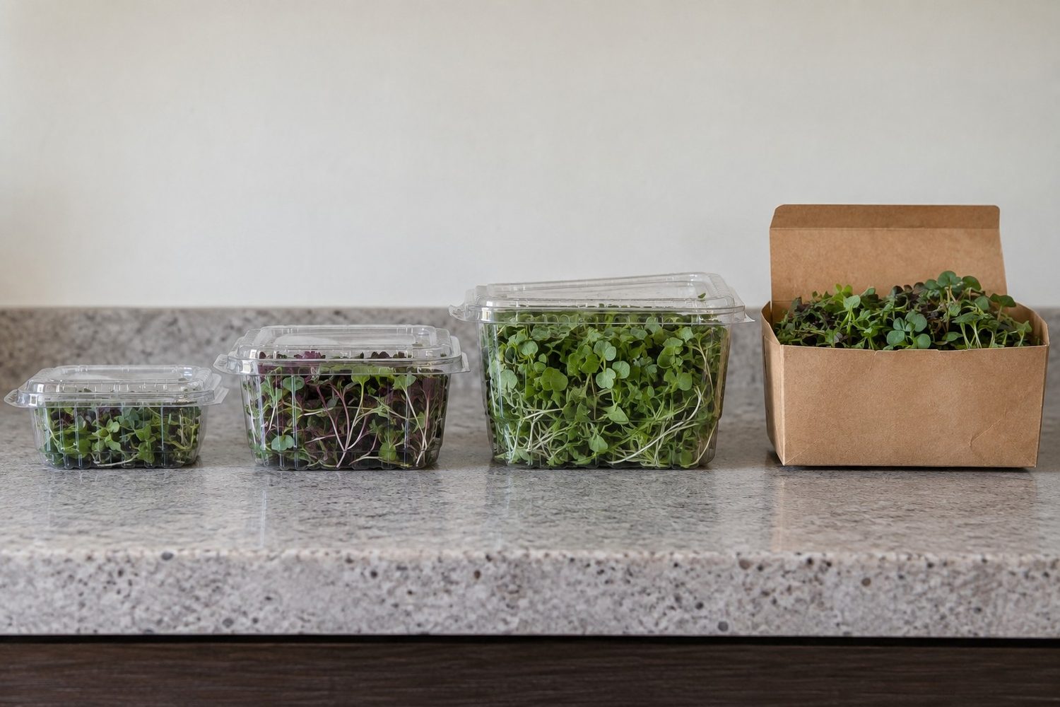 Row of microgreen packs from a small half ounce clamshell to a larger clamshell and a small kraft box, all holding fresh microgreens with no labels