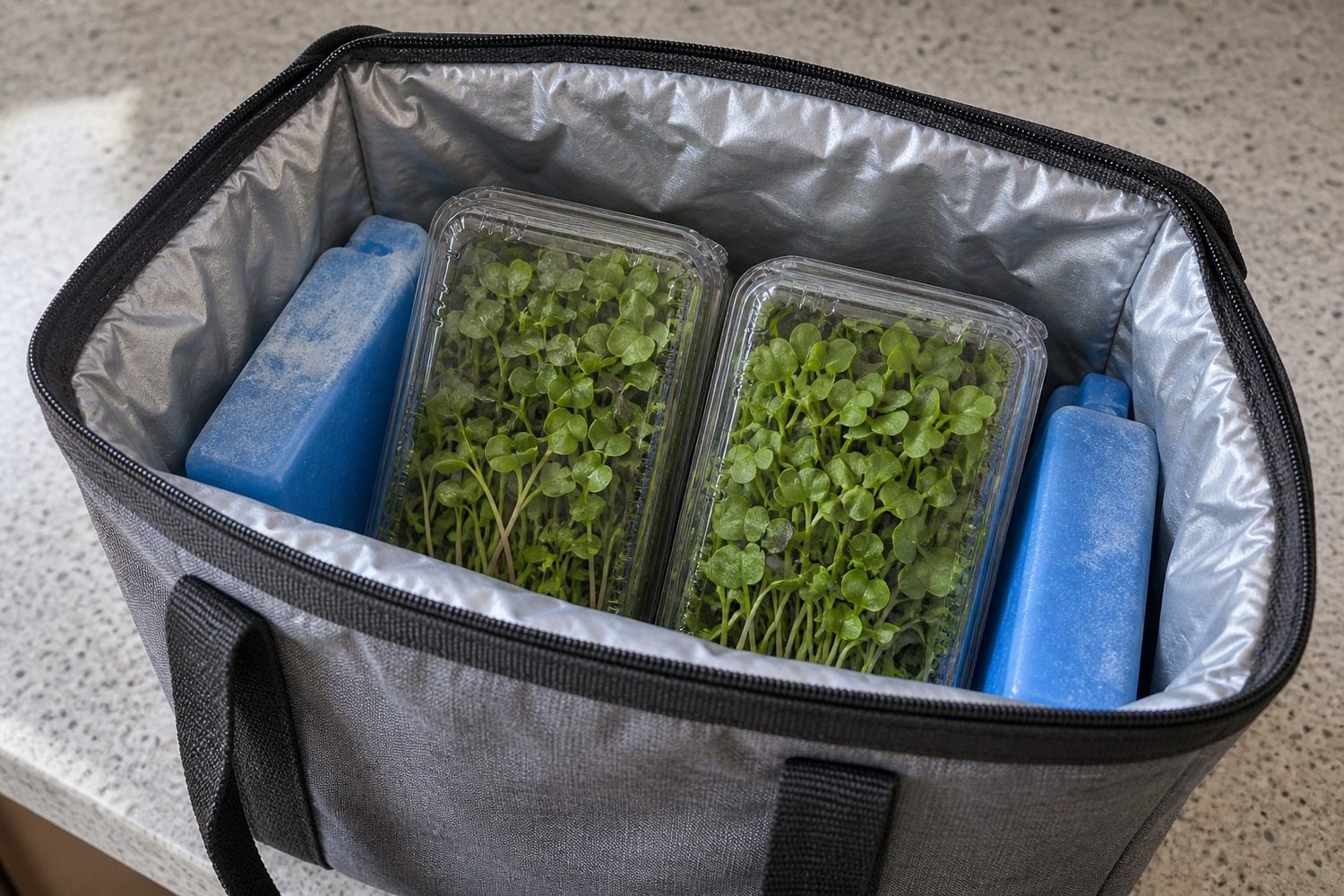 Open unprinted insulated grocery bag holding two clear clamshells of crisp microgreens upright between blue reusable ice packs