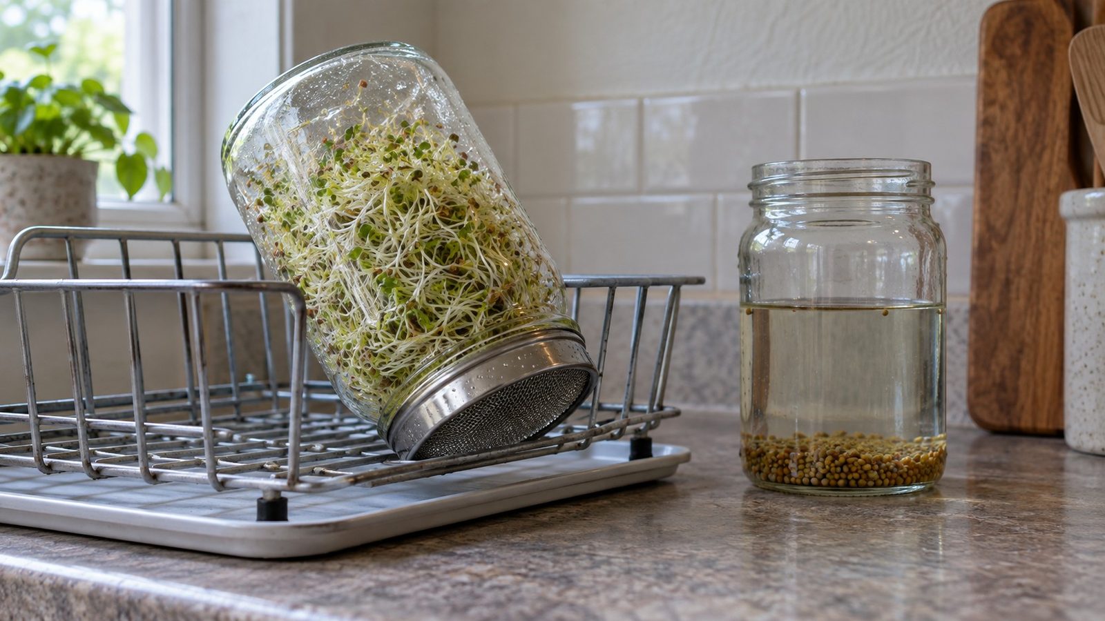 Wide mouth glass jar with a stainless steel mesh lid tilted upside down in a dish rack, full of alfalfa sprouts with pale stems, tiny green leaves and fine white roots, beside an upright jar of seeds soaking in water