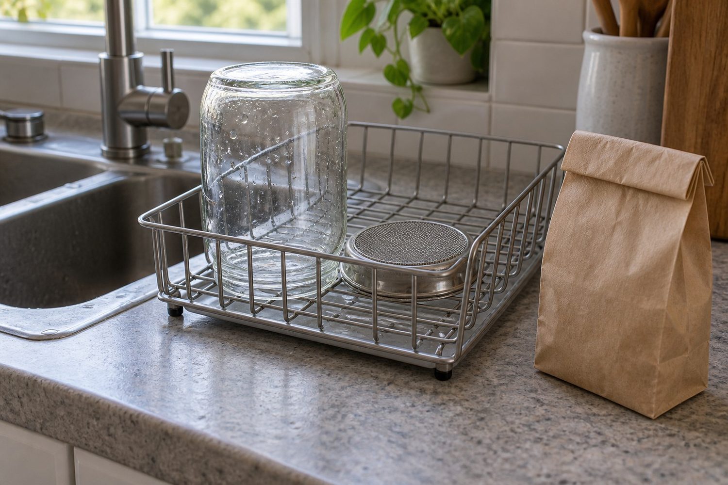 Empty clean wide mouth glass jar and its stainless steel mesh lid drying upside down on a dish rack beside a kitchen sink, with a small plain kraft paper bag of seed standing next to them