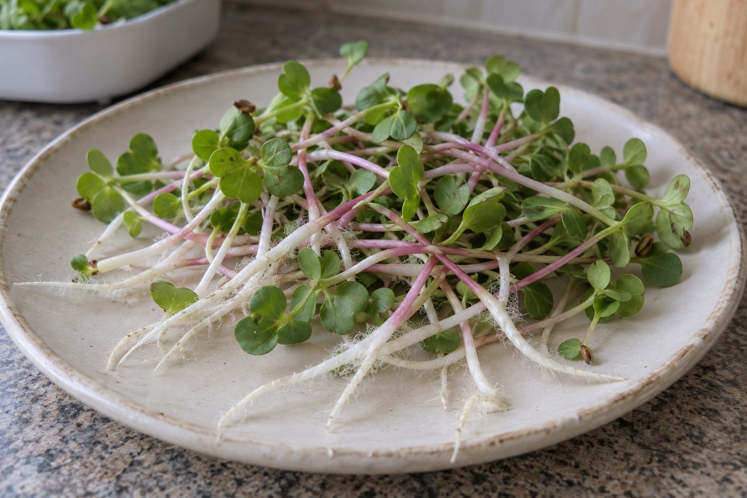 Fresh radish sprouts on a pale plate with pink tinged stems, small green leaves and white roots covered in fine even fuzzy root hairs