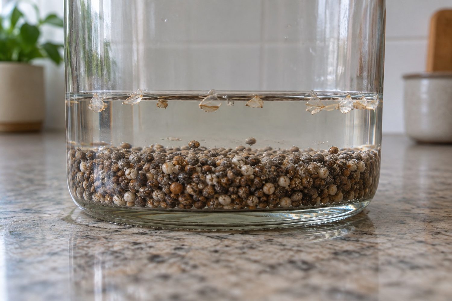 Side view through a glass jar of small seeds resting on the bottom under about an inch of clear water, with a few loose seed coats floating at the surface