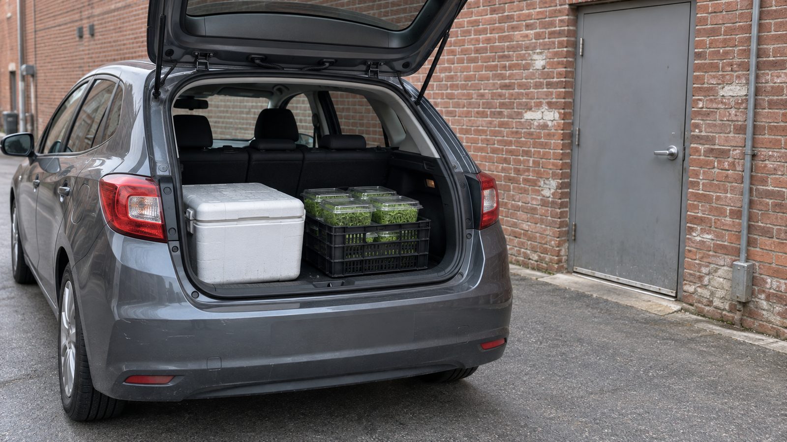 Open rear hatch of a small car parked beside a restaurant back door, holding a closed insulated cooler and a plastic crate of closed clear clamshells of microgreens