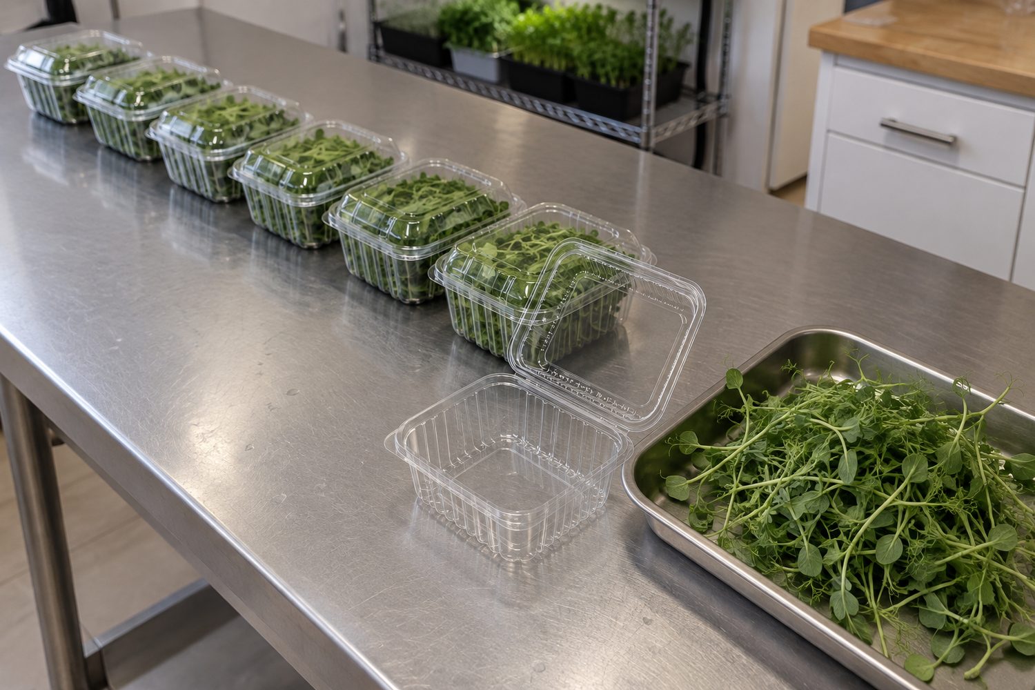 Stainless steel table with a row of closed clear clamshells filled with microgreens, one open empty clamshell and a tray of harvested pea shoots at one end