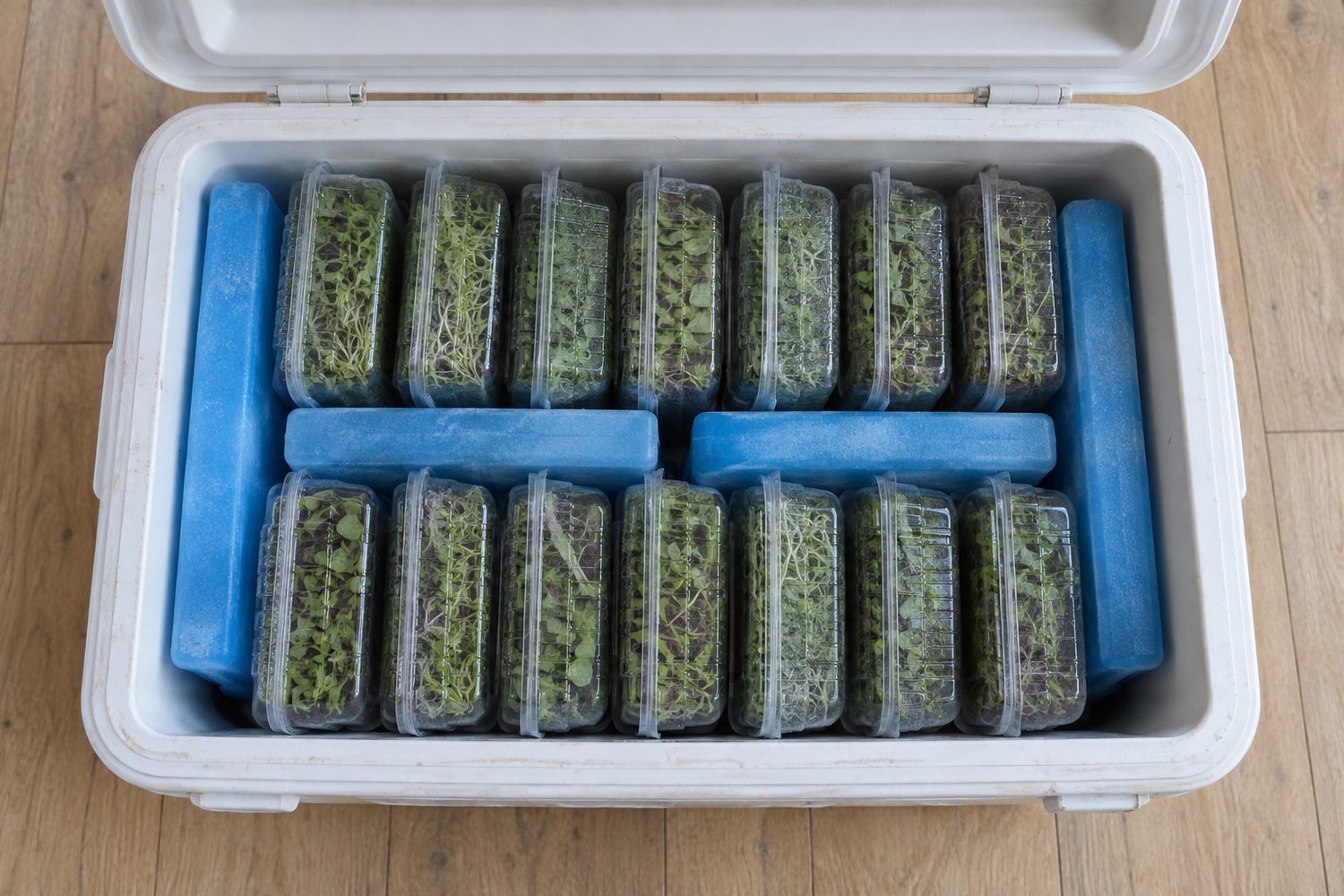 Open hard sided cooler seen from above, holding closed clear clamshells of microgreens packed upright between flat blue ice packs, on a clean floor