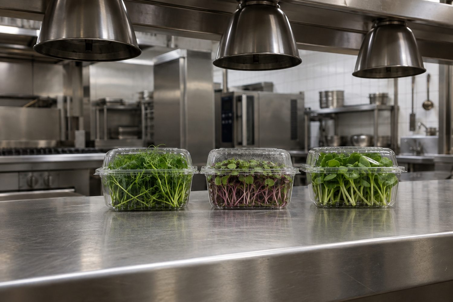 Three small closed clamshells of pea shoots, radish and sunflower microgreens side by side on a stainless steel restaurant pass under switched off warming lamps