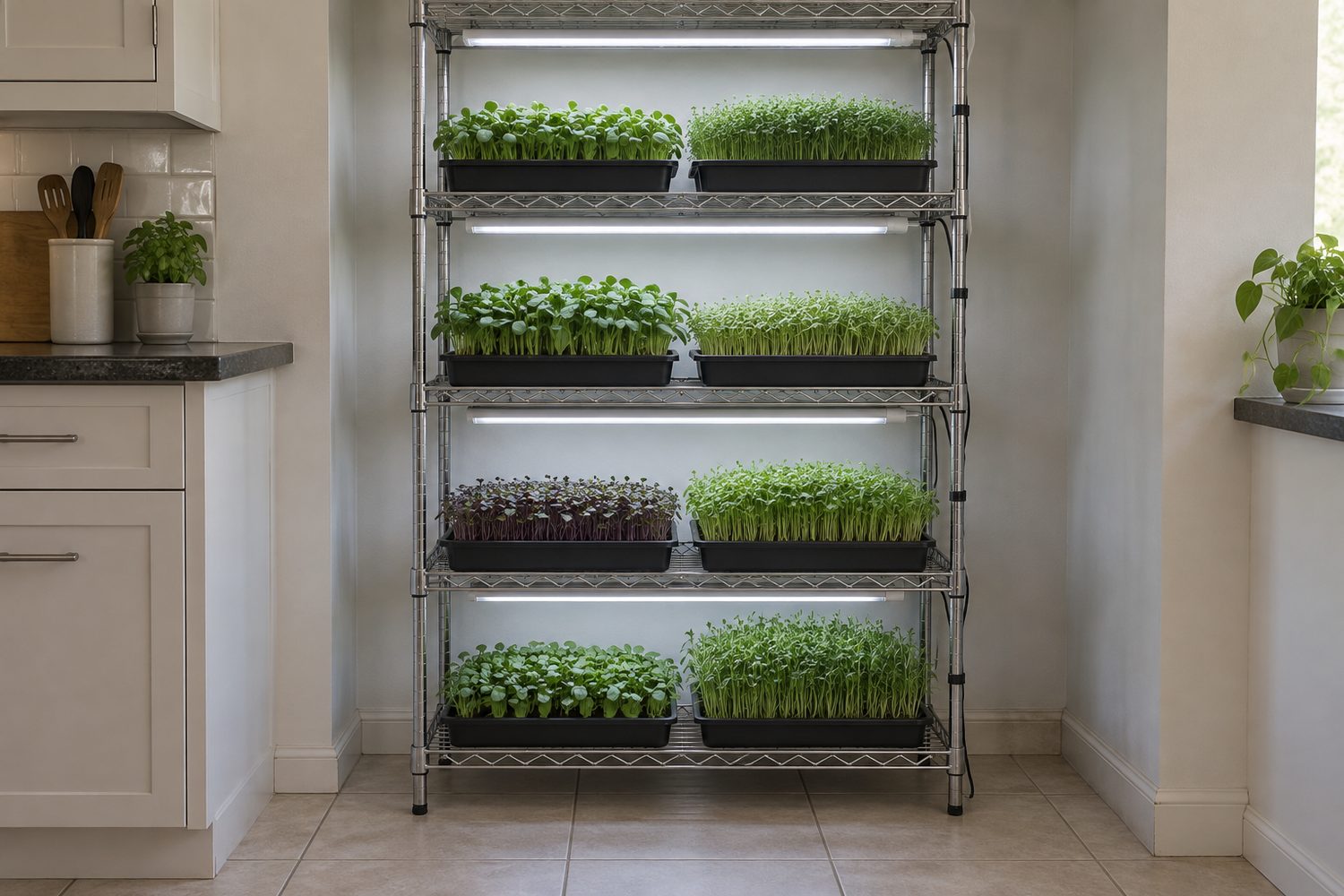 Tidy wire rack of trays of green microgreens under slim LED lights standing in a clean kitchen alcove with a tiled floor