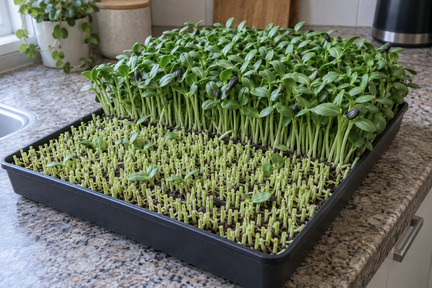 Tray of sunflower microgreens with one third cut cleanly above the soil into short stubs and two thirds still standing tall and green