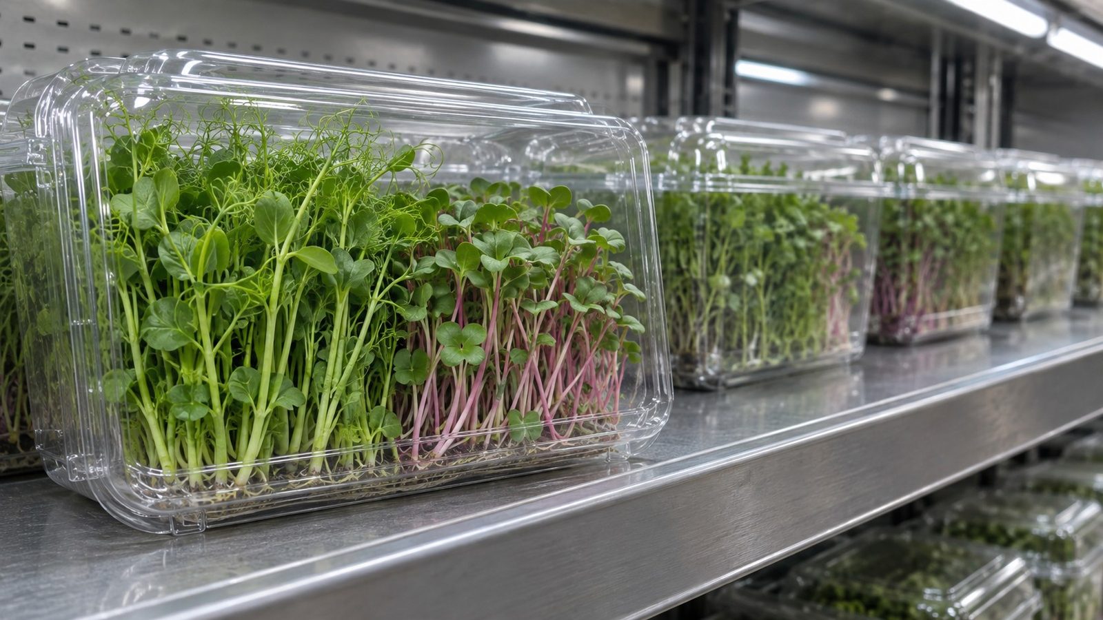 Refrigerated grocery shelf lined with clear plastic clamshells of microgreens, the front pack holding bright green upright pea shoots and radish microgreens under a clear dry lid