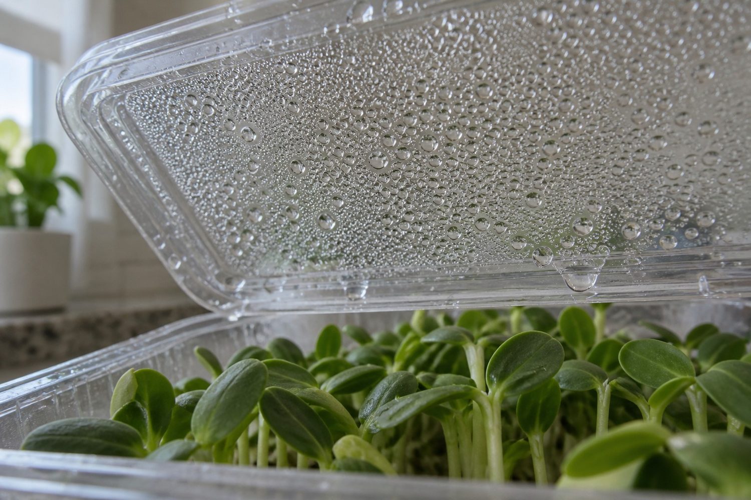 Inside of a clear plastic clamshell lid covered in fine water droplets, with green sunflower microgreens blurred below it