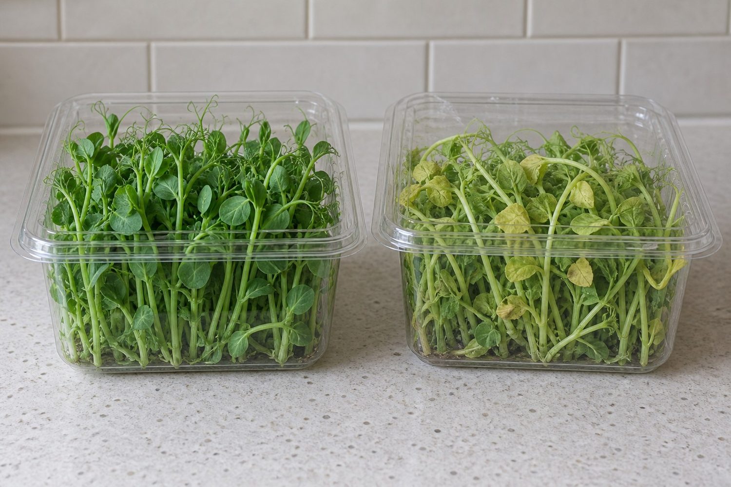 Two clear clamshells of pea shoots side by side on a counter, the left one bright green and upright, the right one pale with yellowing leaf edges and slightly drooping stems