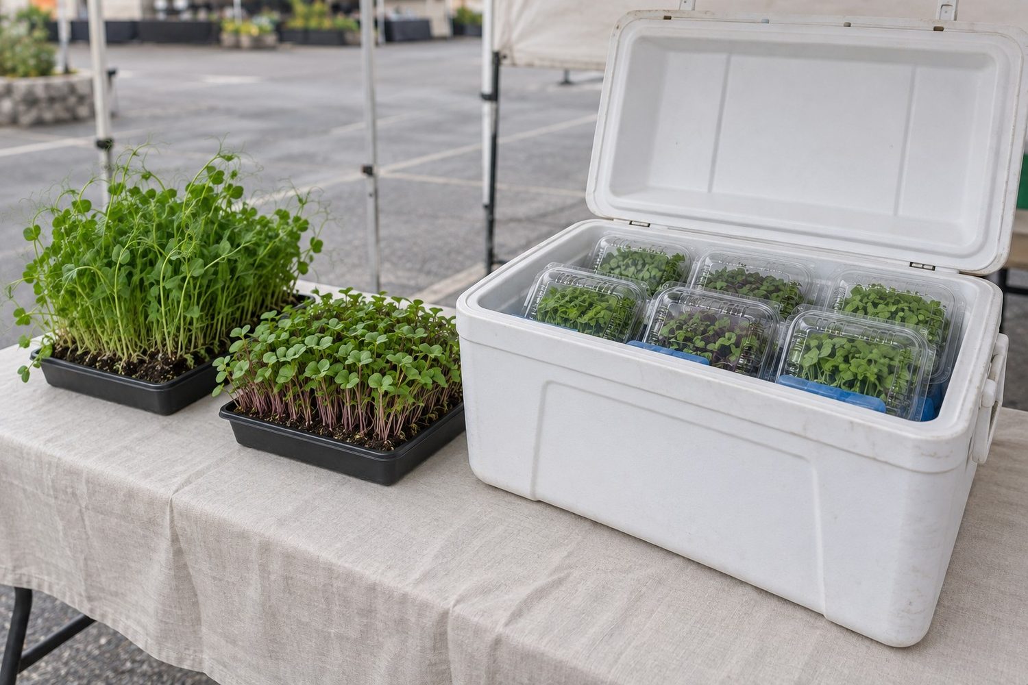 Farmers market table with an open plain cooler holding clear clamshells of microgreens on ice packs, beside two small trays of growing microgreens