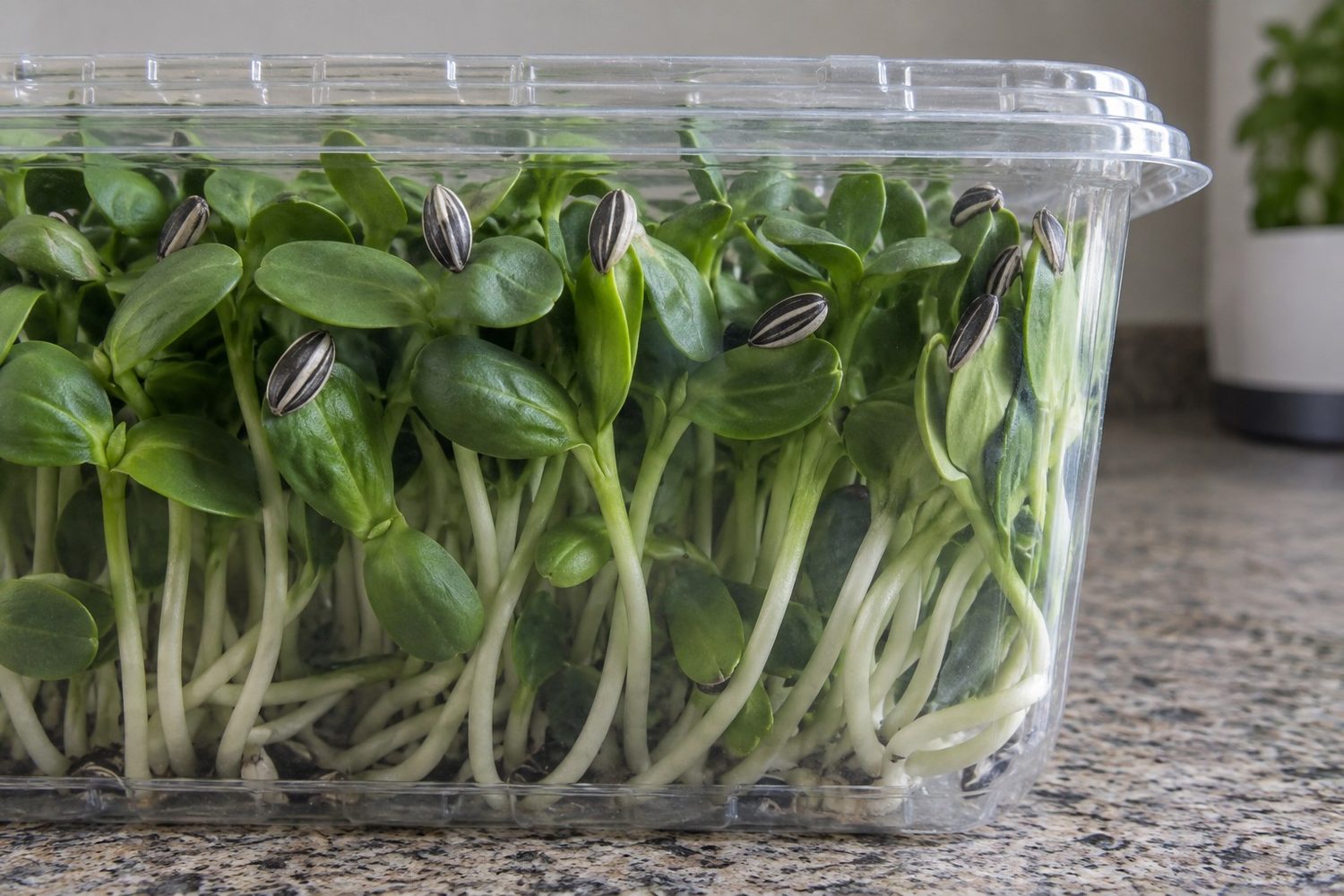 Sunflower microgreens seen through the side of a clear clamshell, a few black and white striped seed hulls on the leaf tips and some stems pressed flat against the plastic